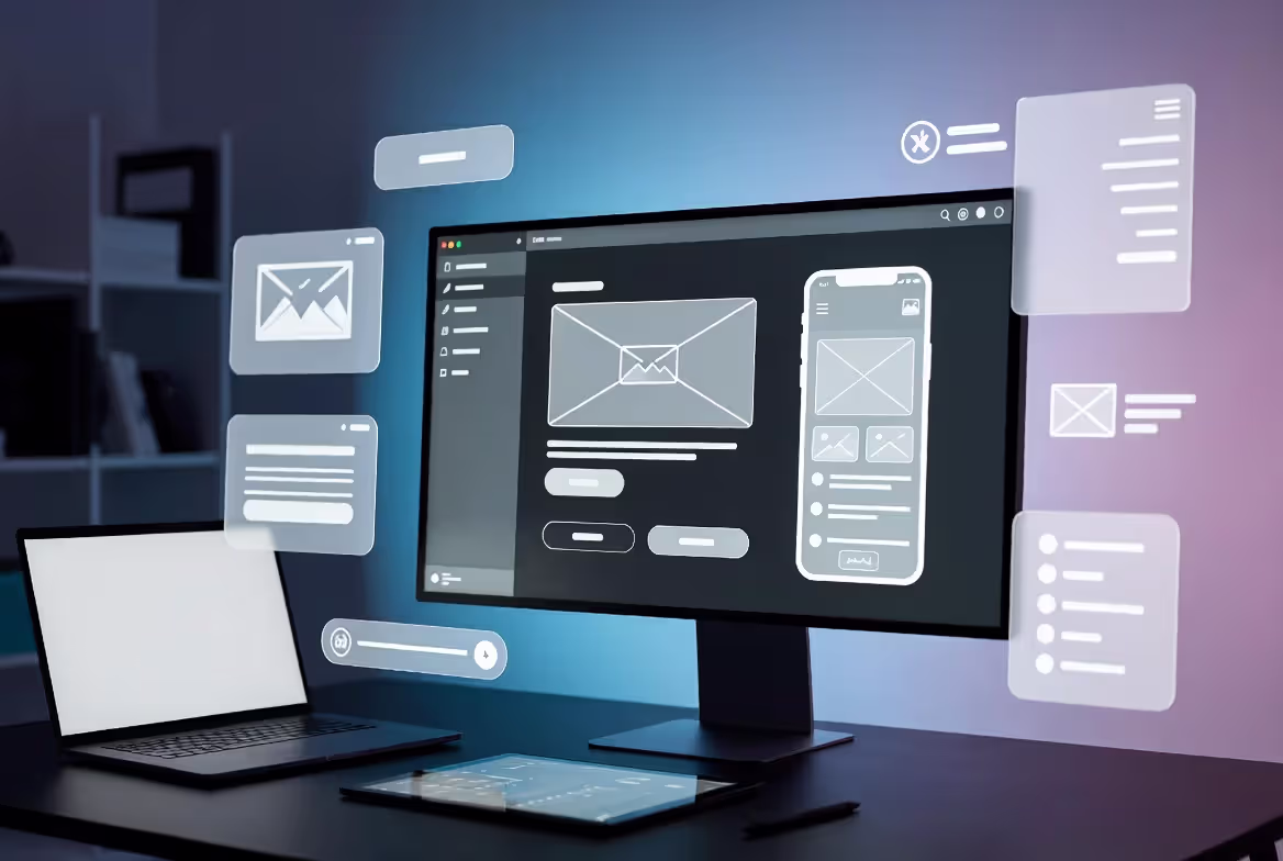 Modern horizontal banner showing wireframing, UI/UX design and web development workspace with monitors, laptop and floating interface elements