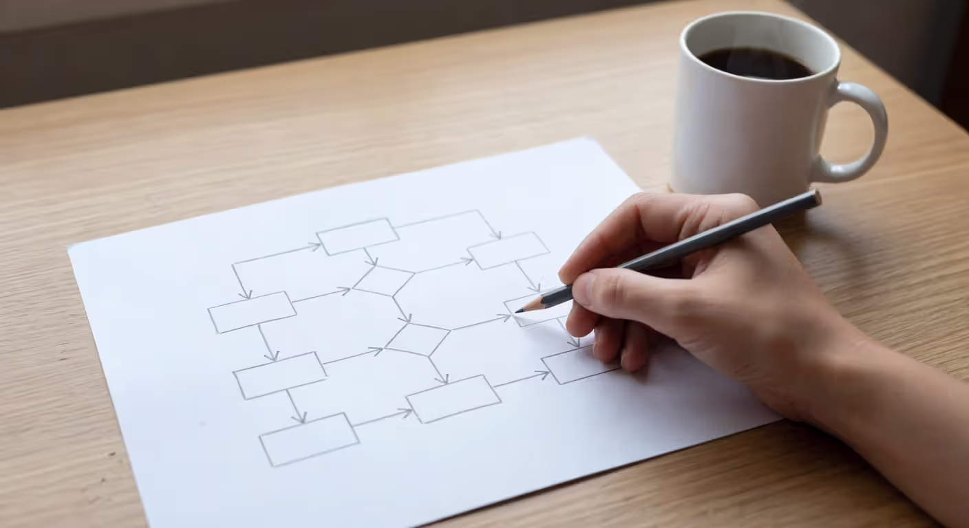 Person sketching a flowchart during the planning phase