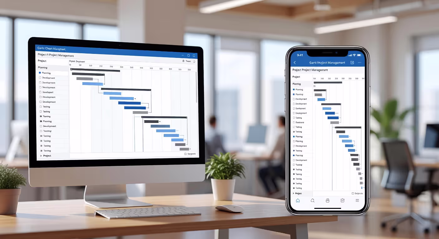 Gantt chart software displayed on both desktop and mobile devices