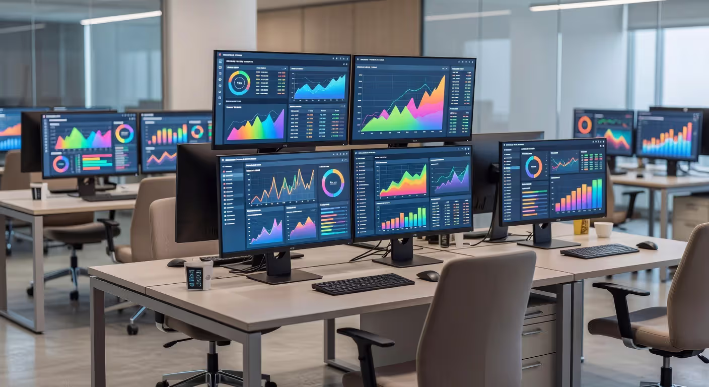 Professional workspace showing multiple data visualization dashboards on screens