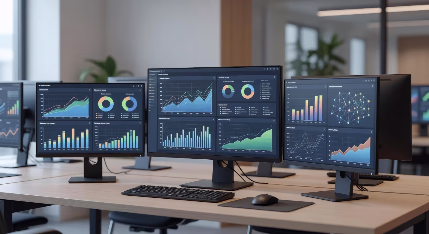 Professional data dashboard displayed on multiple monitors