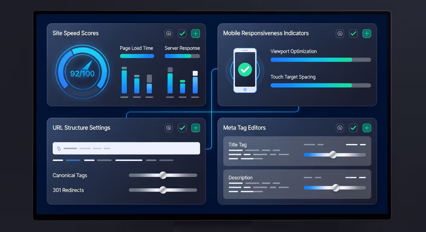 CMS dashboard displaying SEO optimization features and settings