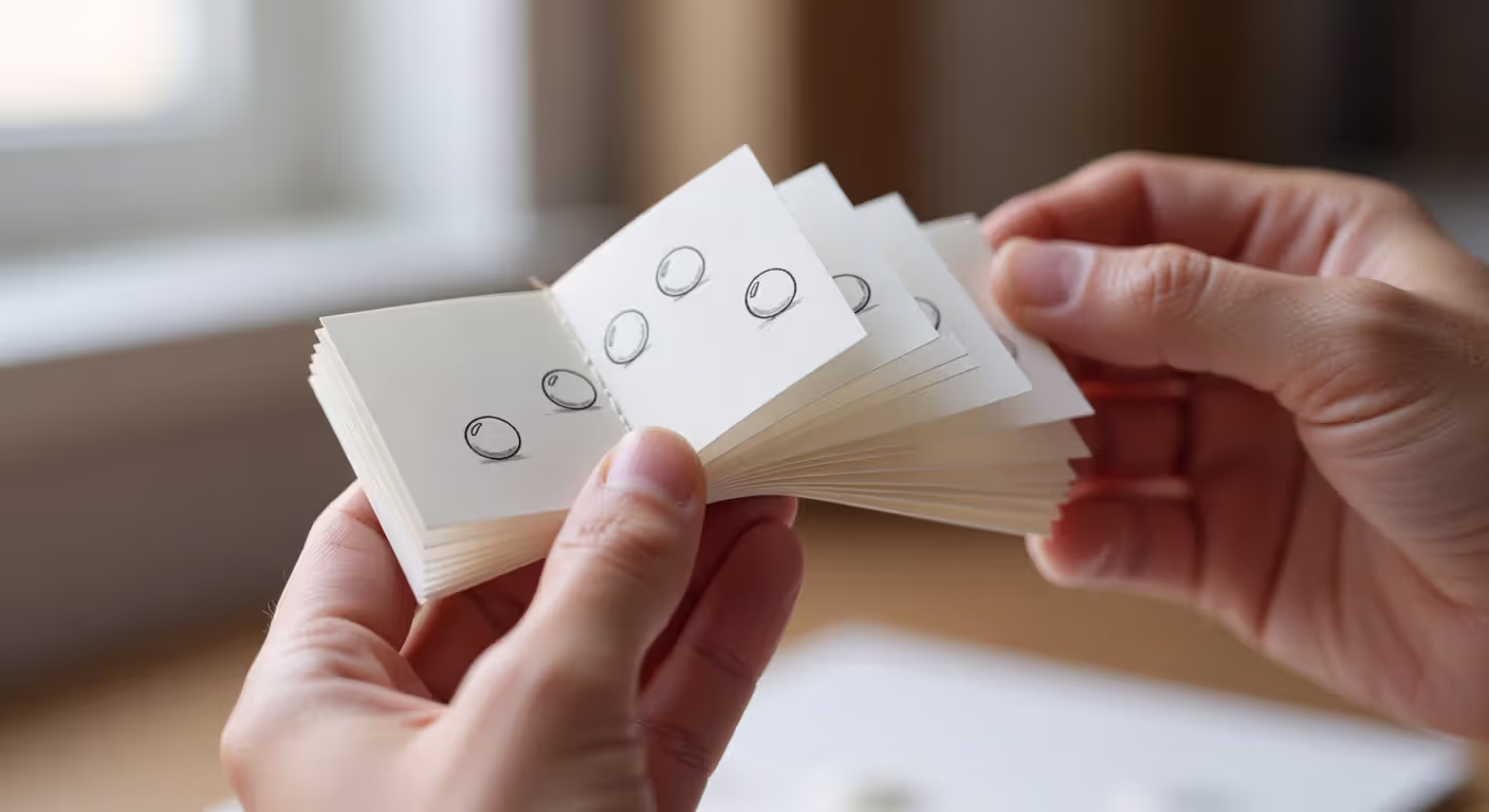 Hands flipping through a paper flipbook showing animation frames