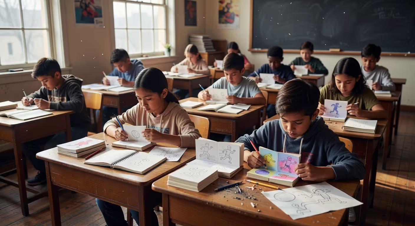 Students creating educational flipbooks in classroom