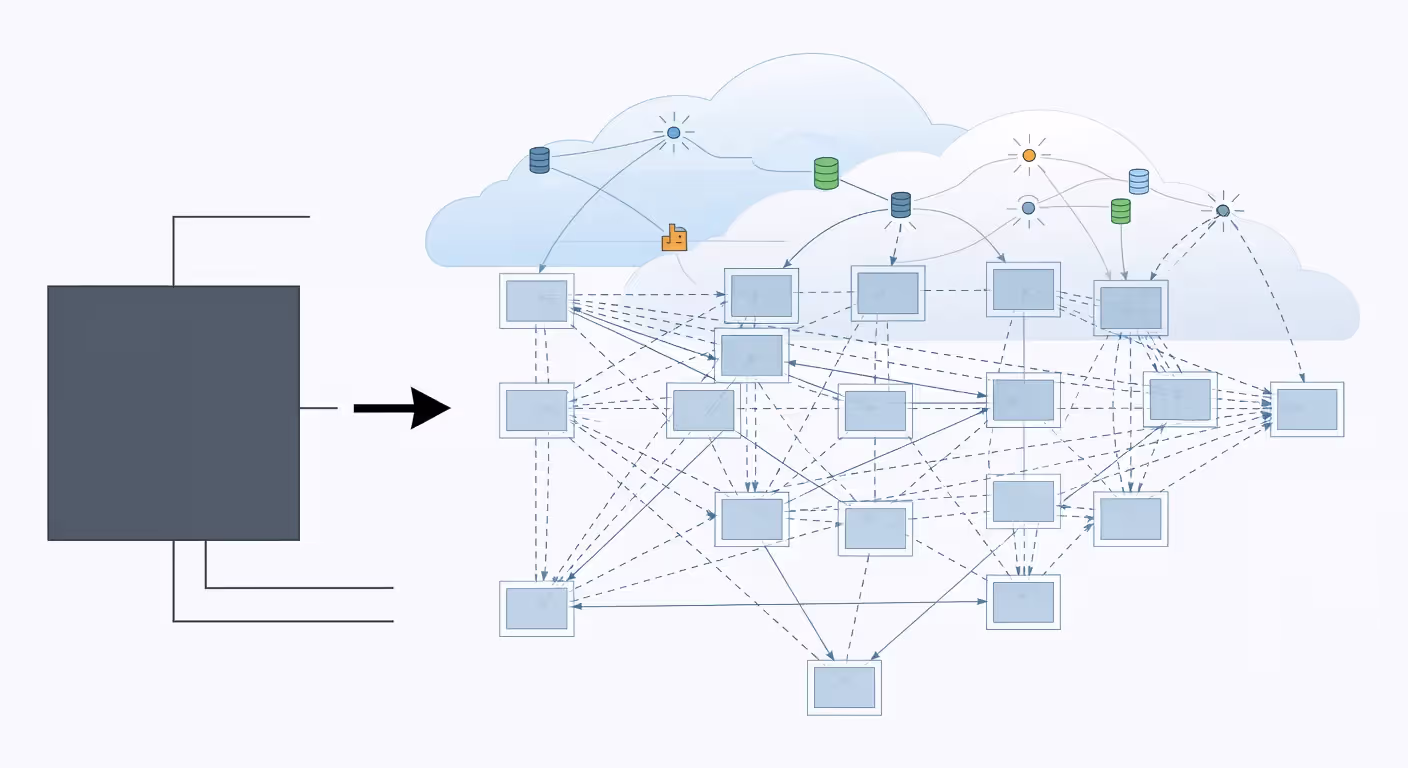Legacy monolithic architecture transforming into modern microservices cloud architecture