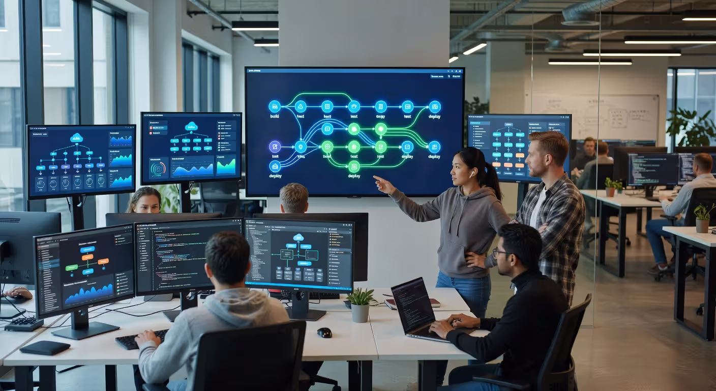 DevOps team managing continuous delivery pipeline for modern application development