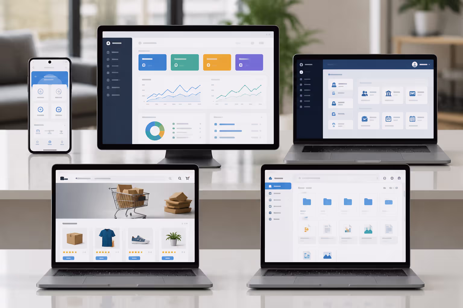 Visual representation of five types of web applications including PWAs, SPAs, portals, e-commerce, and SaaS