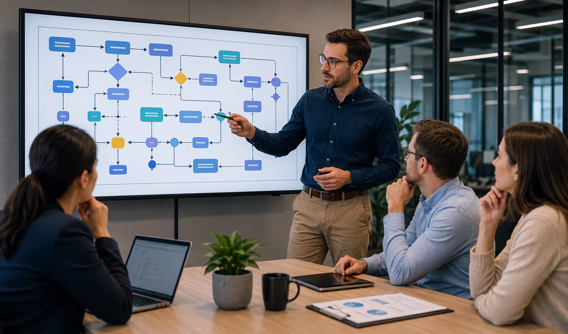 Team reviewing a business workflow chart and process diagram