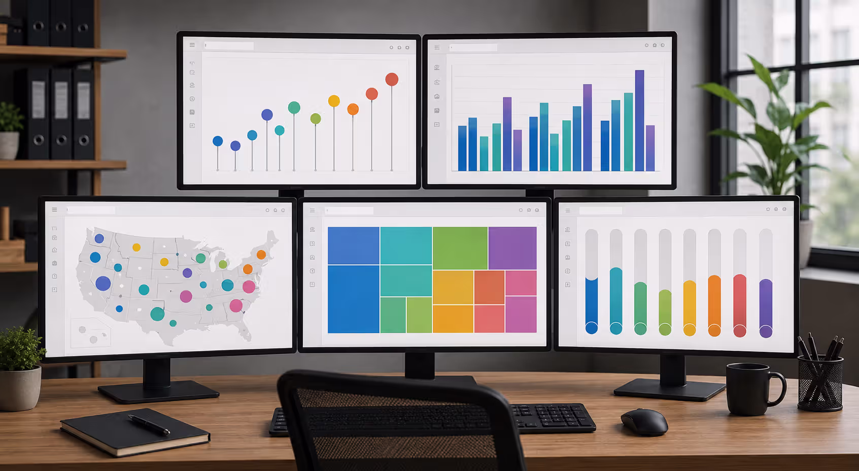 Different interactive data visualization chart types displayed on computer screens