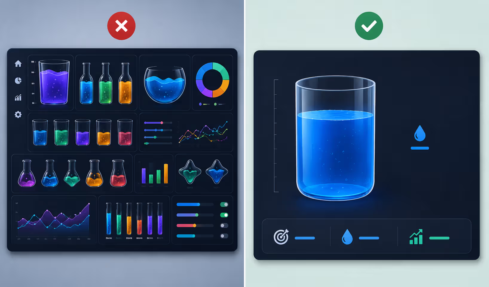Comparison of poor and effective liquid chart dashboard design practices
