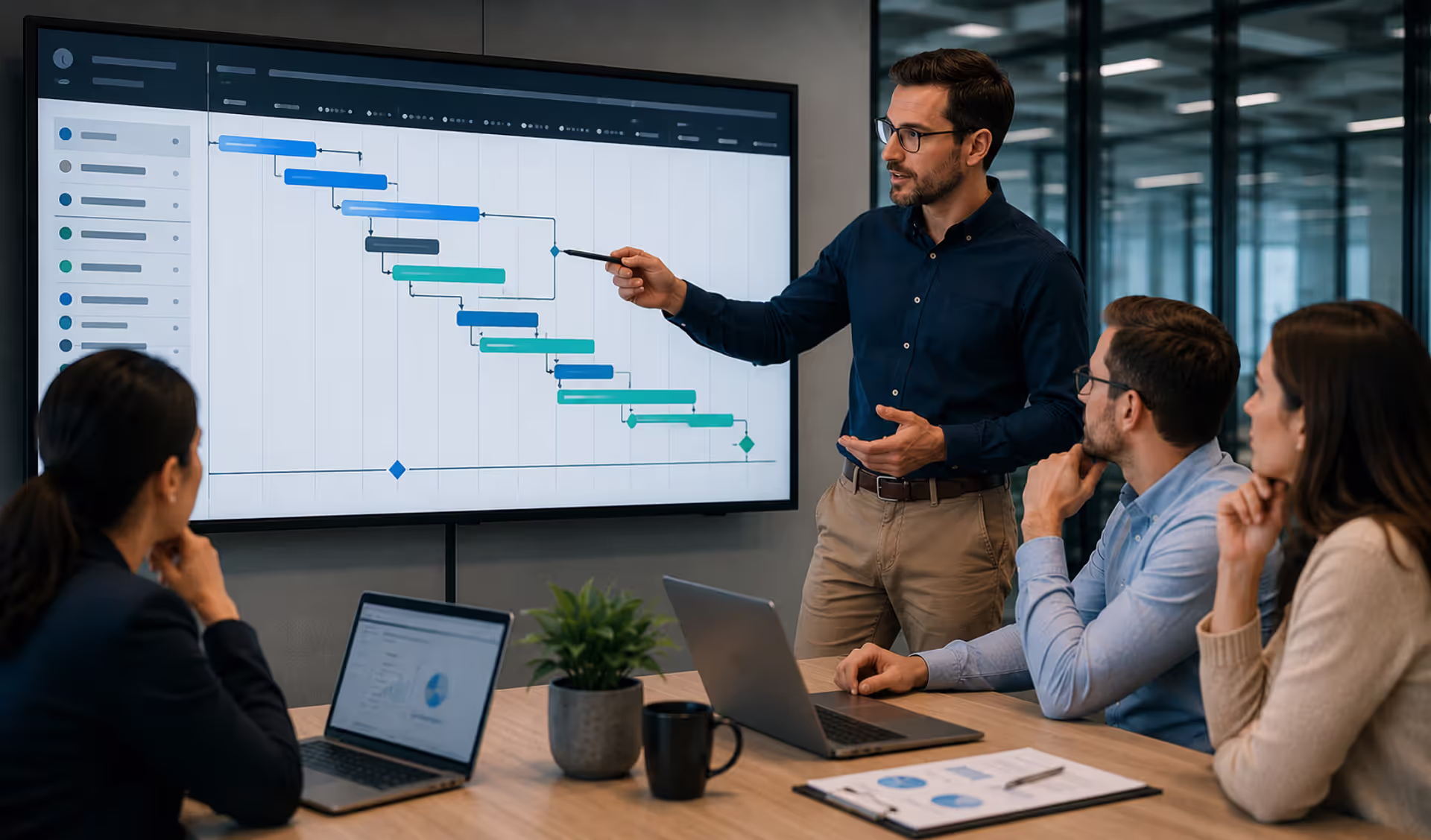 Team reviewing a gantt chart project timeline in a modern office