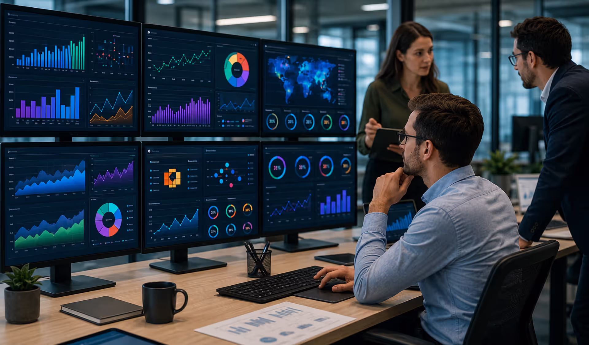 Business analyst reviewing interactive data visualization dashboards