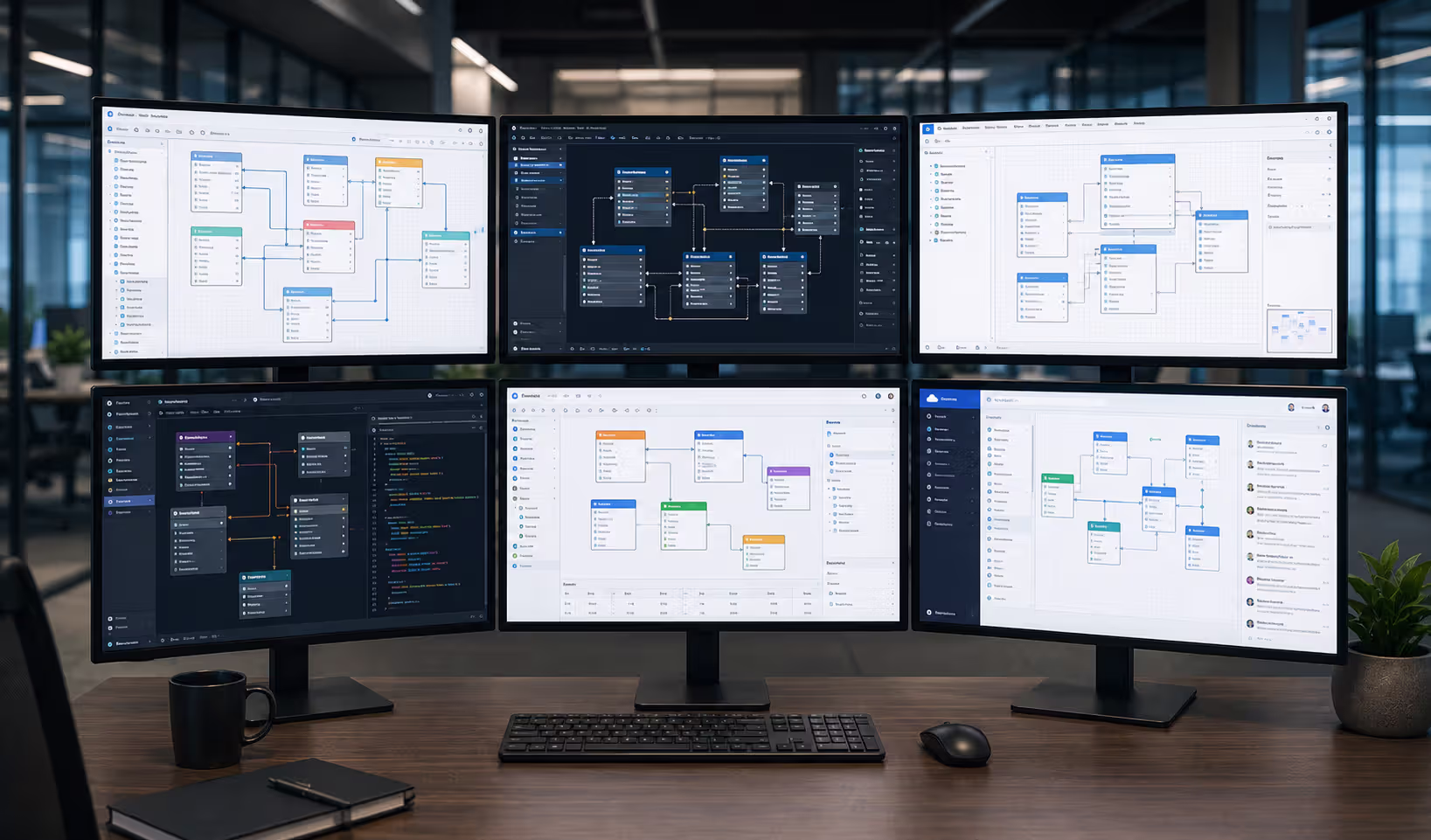 Database diagram software interfaces displayed on multiple screens
