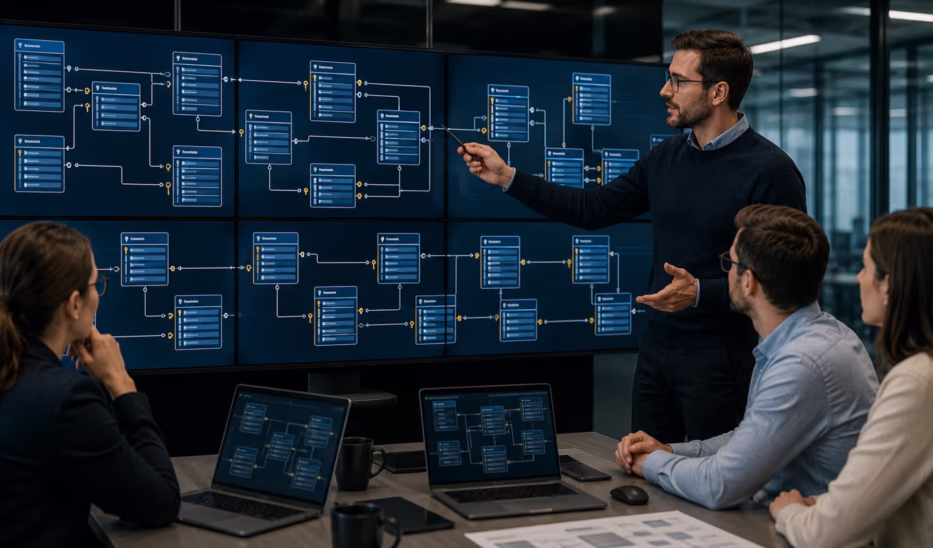 Team reviewing a database diagram with connected tables and relationships