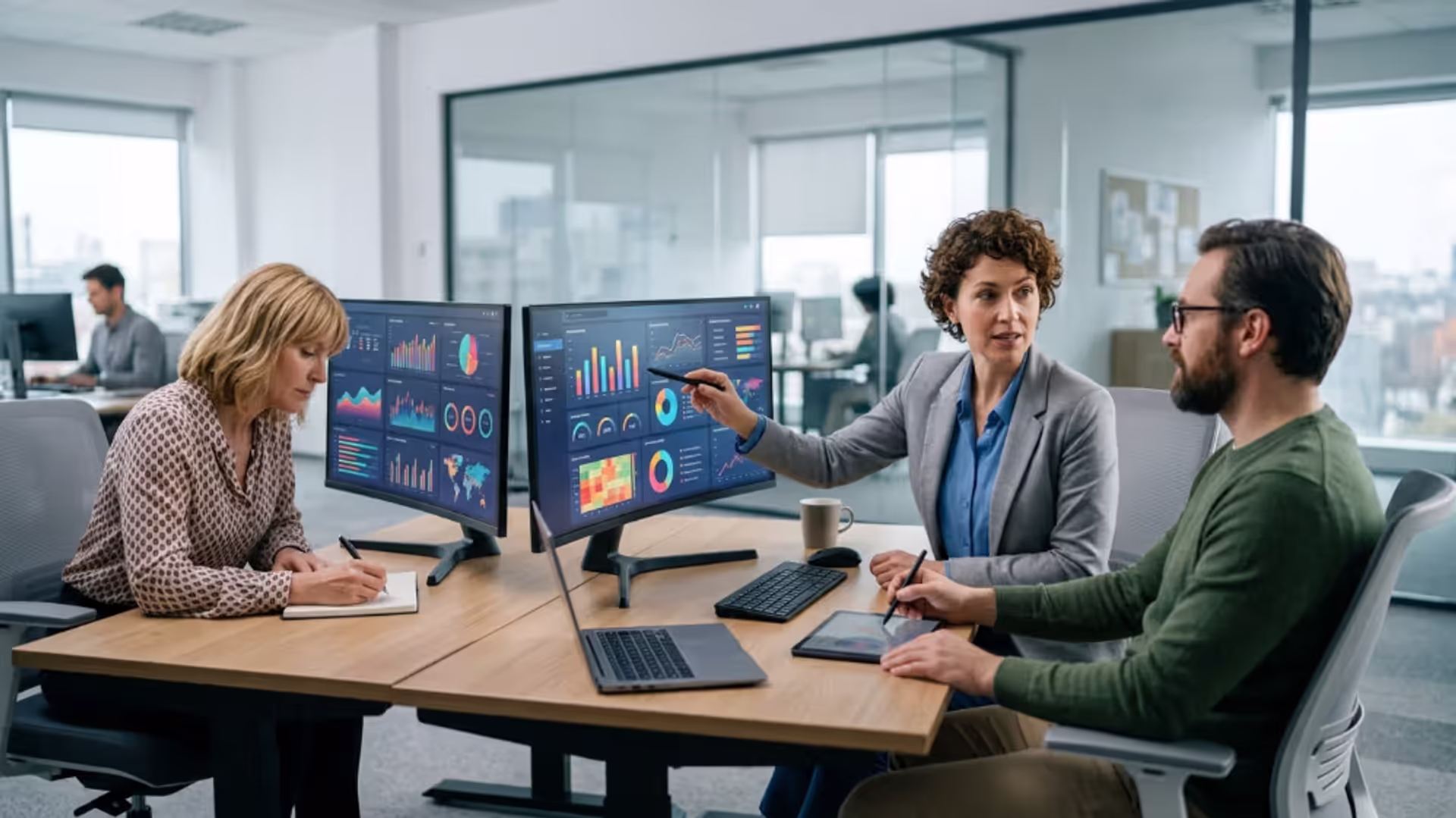 Team reviewing a modern dashboard UI with charts and analytics widgets