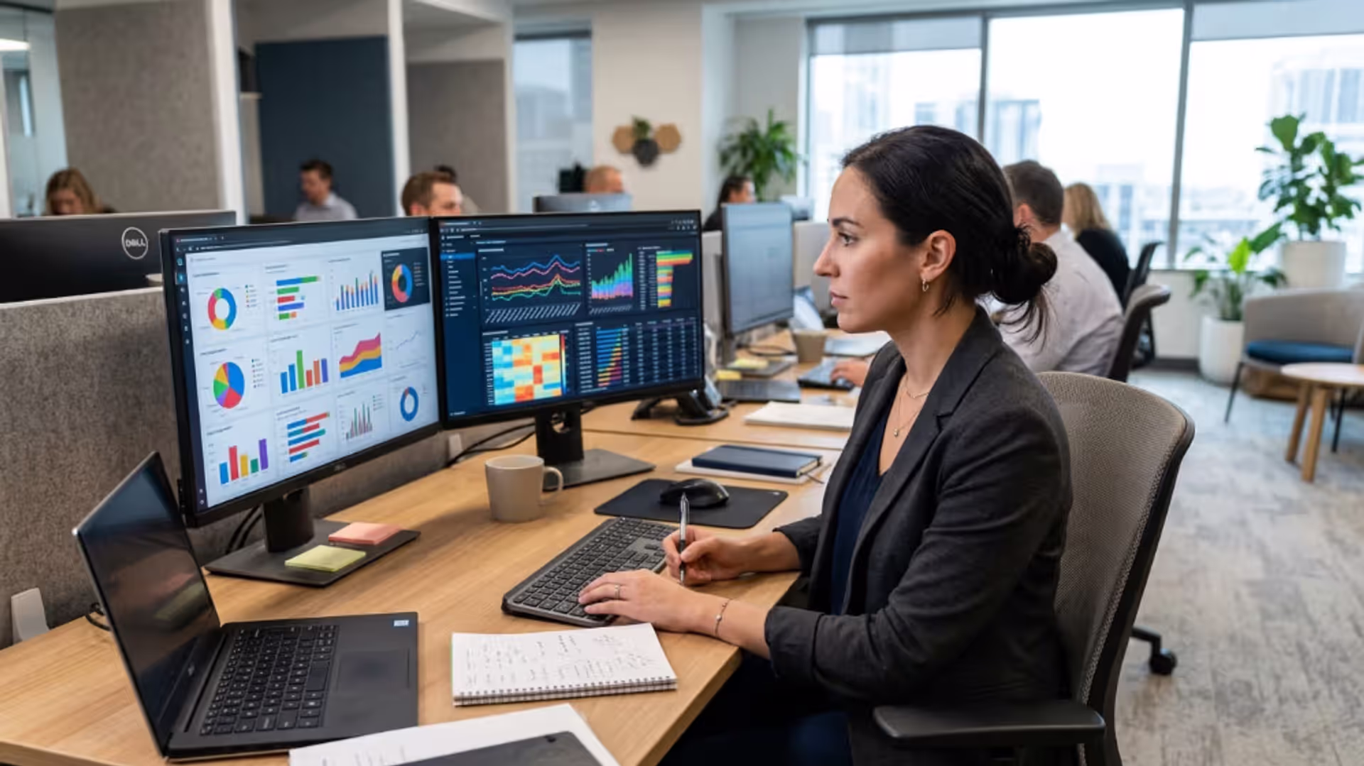 Data analyst reviewing interactive charts and business dashboards