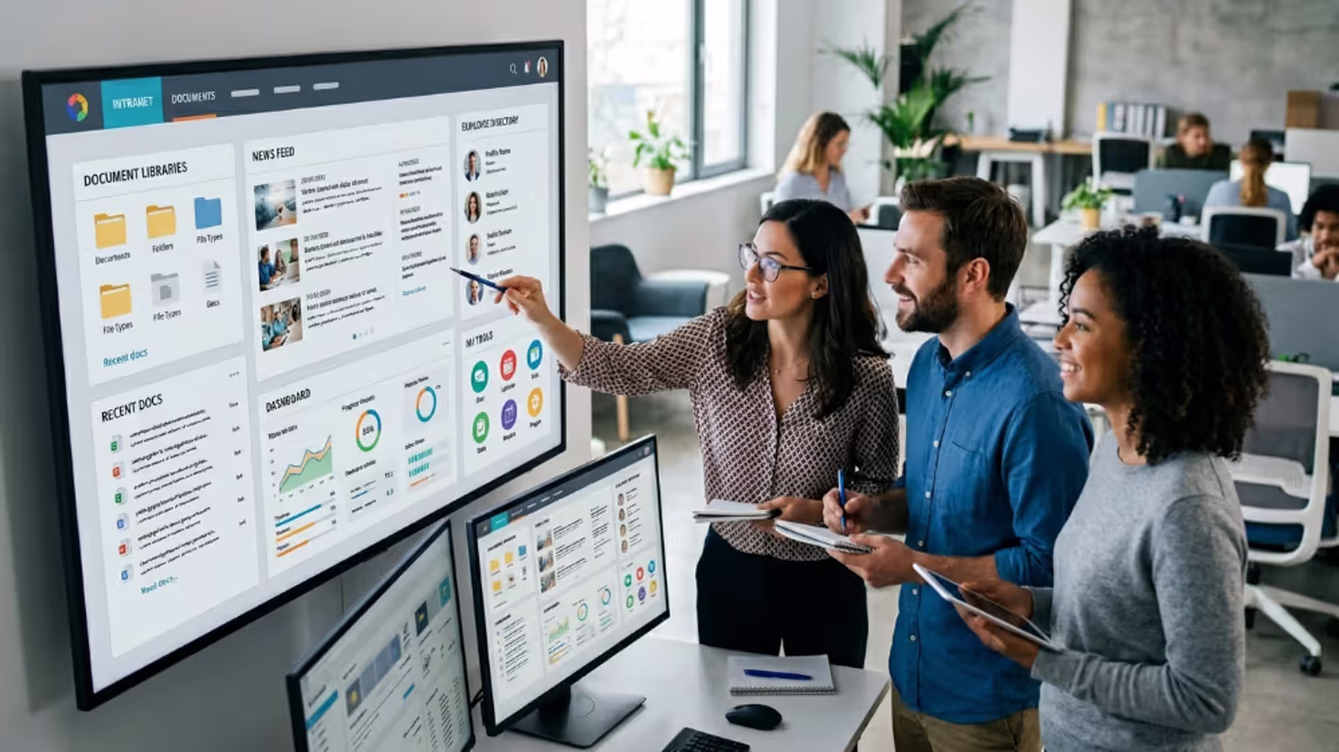 Employees using a modern CMS intranet platform in an office environment