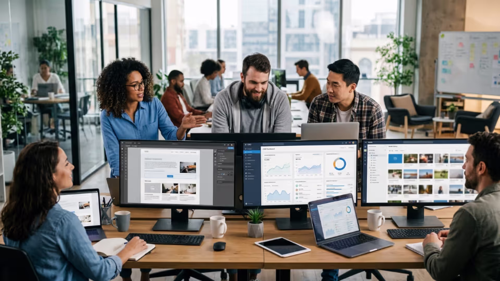 Team working with a modern web content management system dashboard