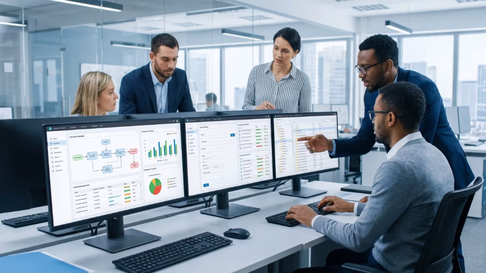 Enterprise team managing documents and workflows with ECM software