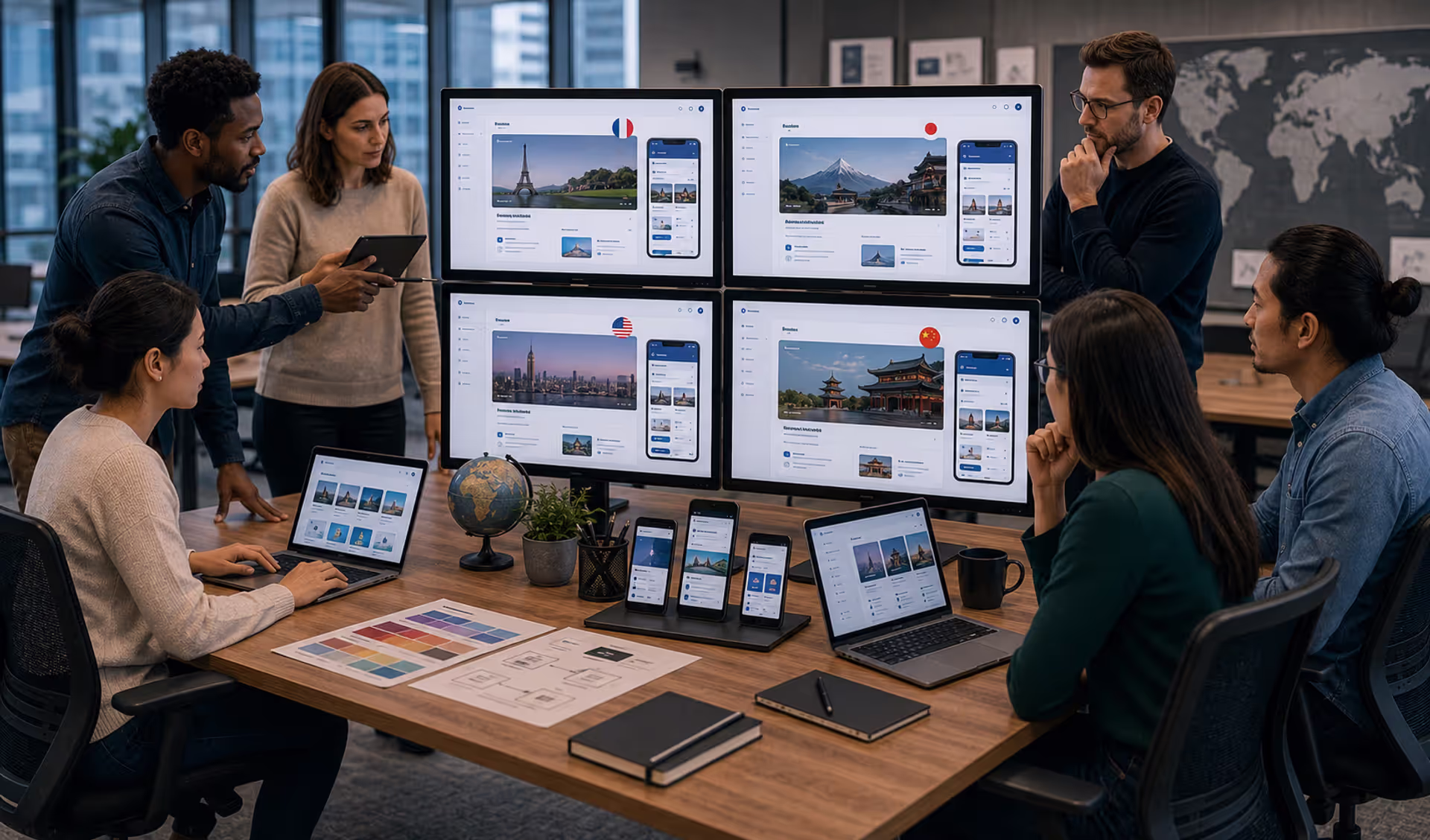 Global team reviewing multilingual localized website and software interfaces