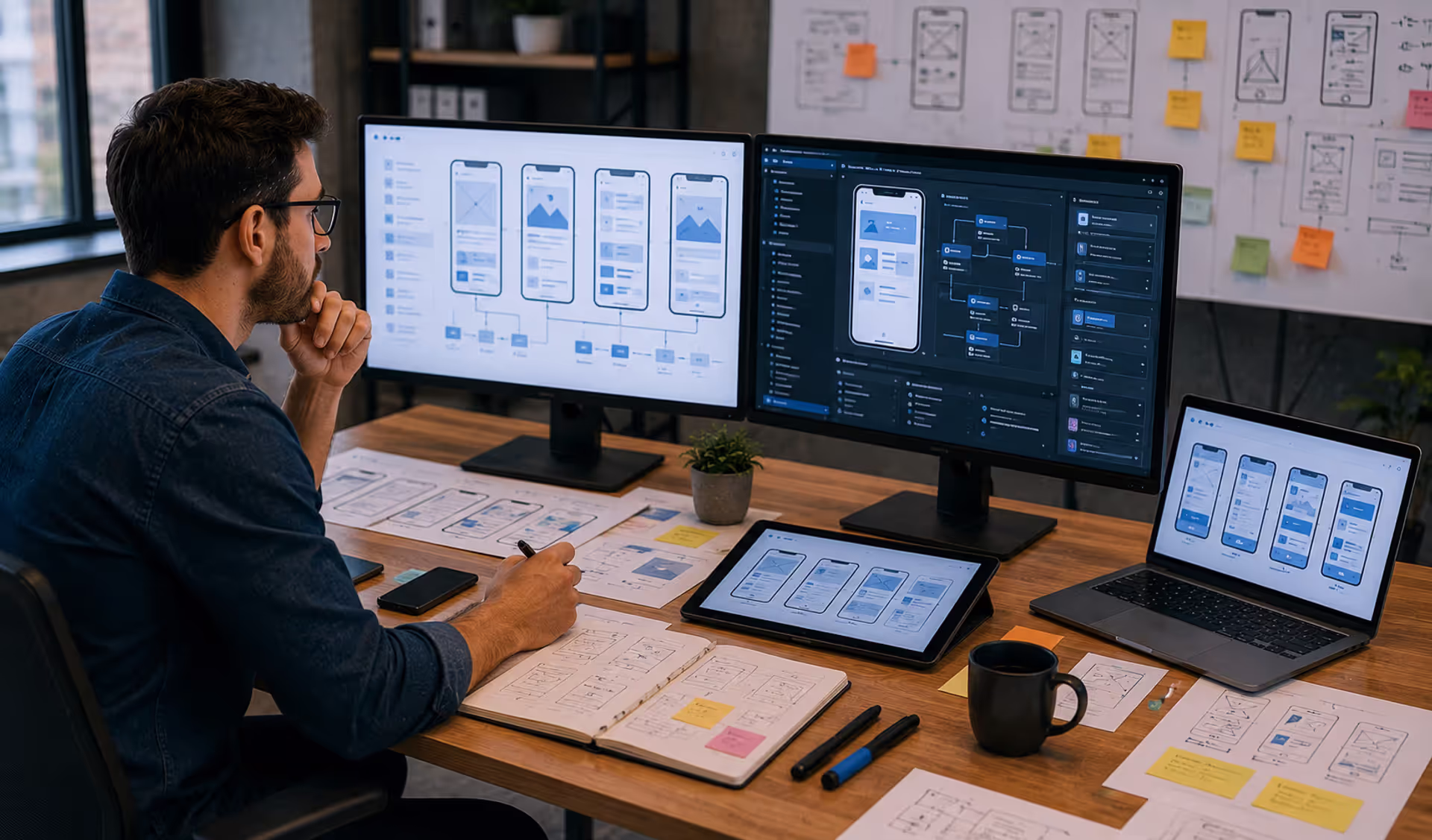 Entrepreneur planning and designing a mobile app interface
