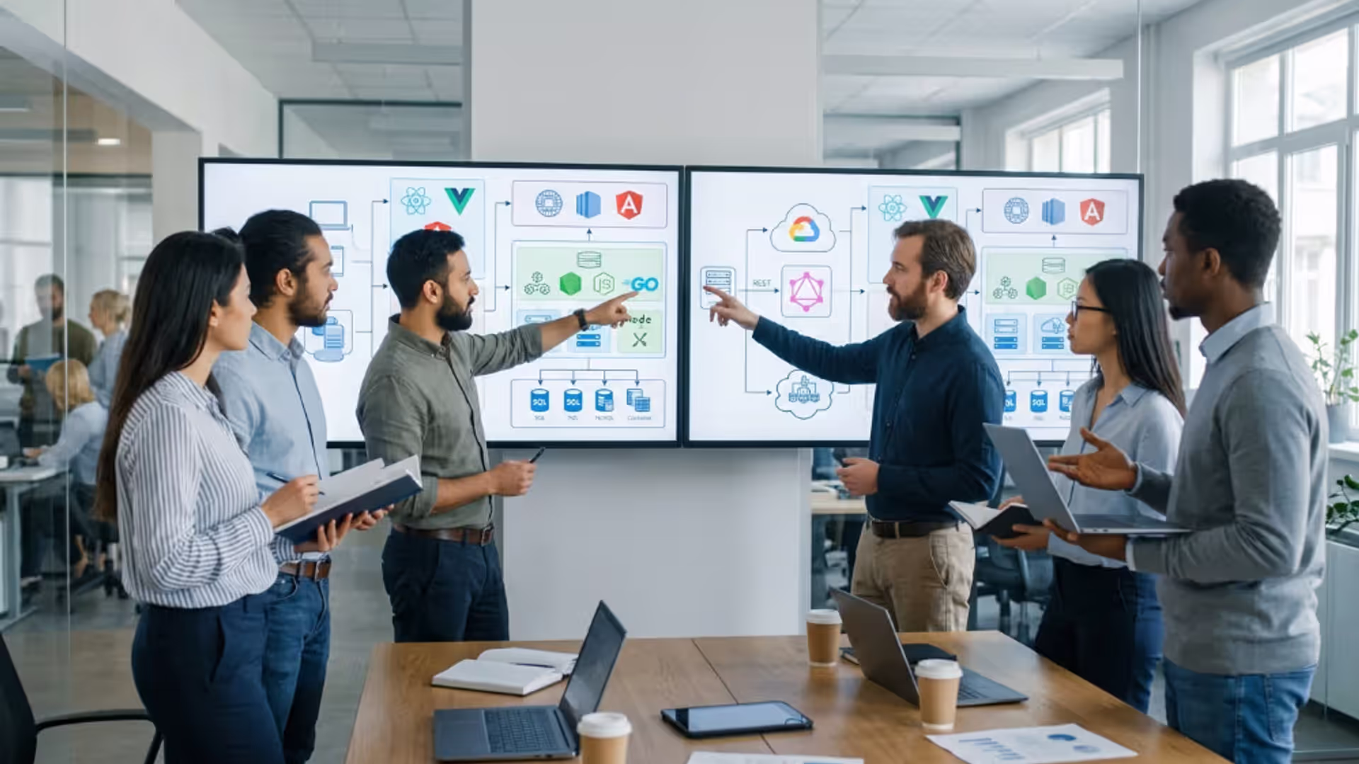 Software team reviewing a modern technology stack architecture diagram