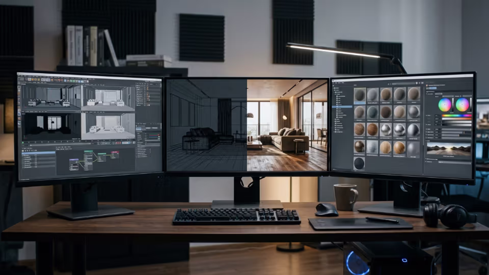 3D rendering workflow showing wireframe model transforming into a photorealistic scene