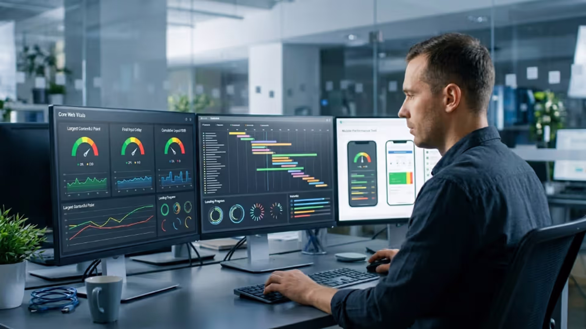 Developer analyzing website speed and Core Web Vitals metrics