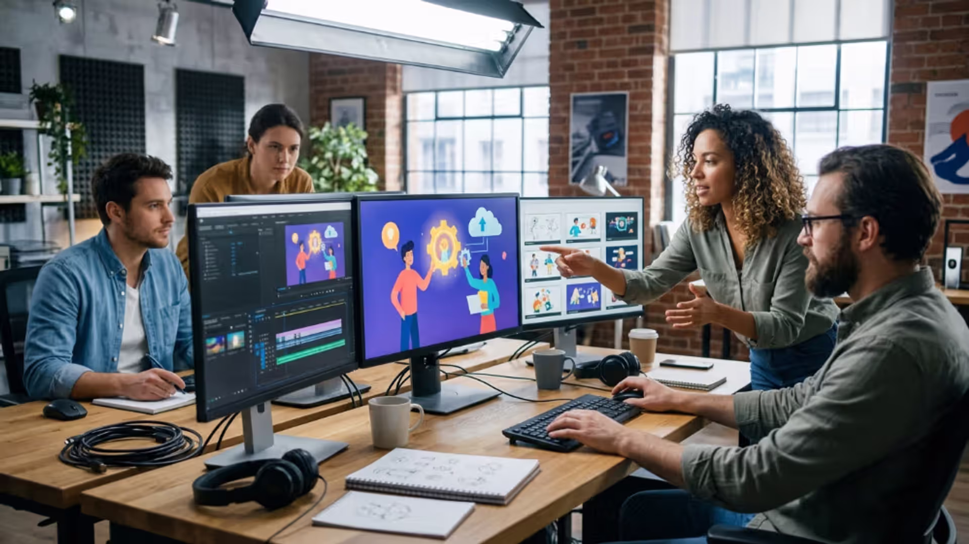 Marketing team creating an explainer video in a modern production studio