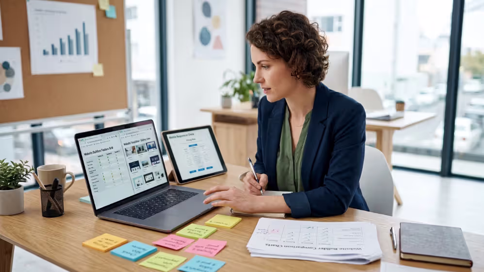 Business owner comparing website platforms and templates before launching a site