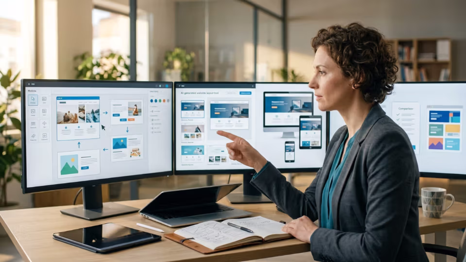 Business owner comparing different website building platforms on multiple screens