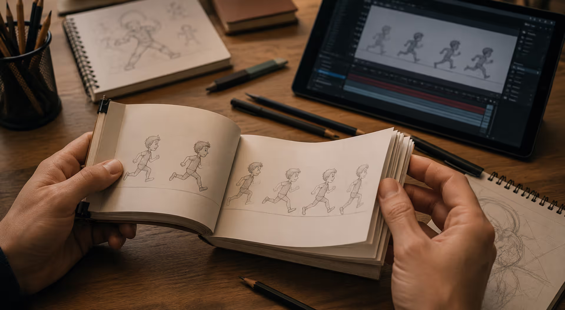 Hands flipping through a paper flipbook with animated frames