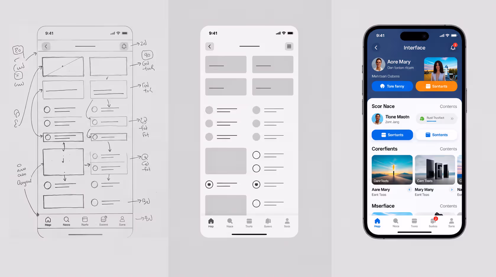 App design progression from wireframe to high-fidelity mockup