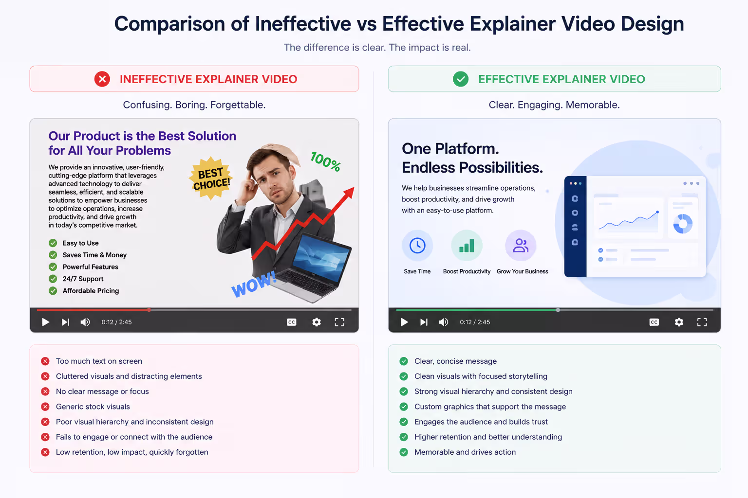 Comparison of ineffective versus effective explainer video design