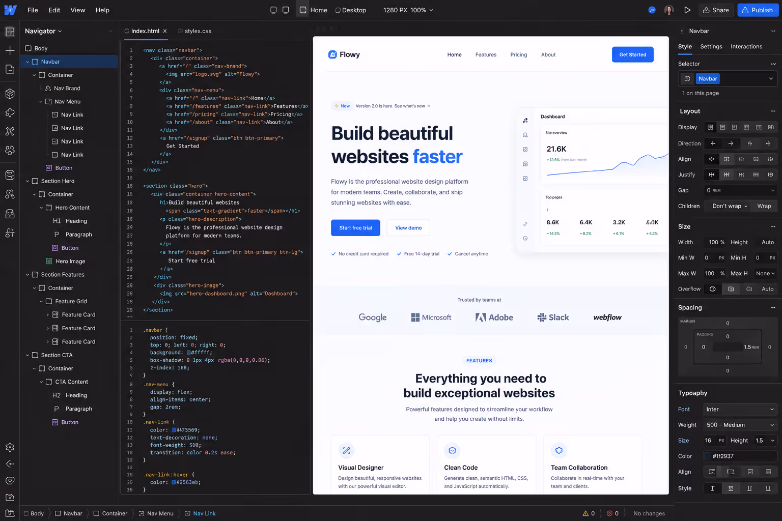 Professional website design software interface showing code and visual preview